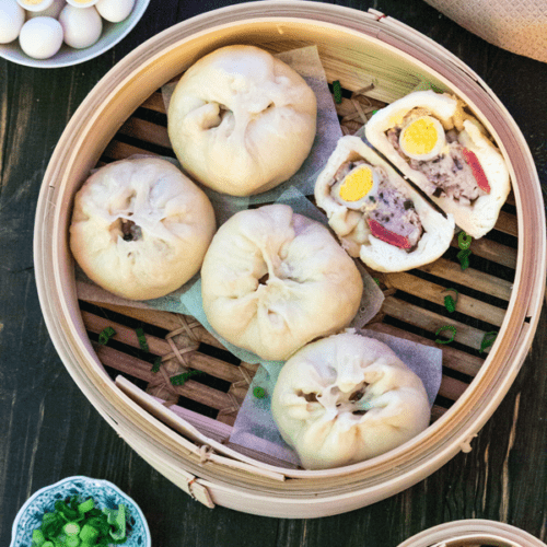 Chicken, Quail Eggs, Sausage Bun